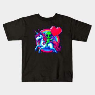 Funny Valentine Day Believer Ufo Alien Riding Unicorn Kids T-Shirt